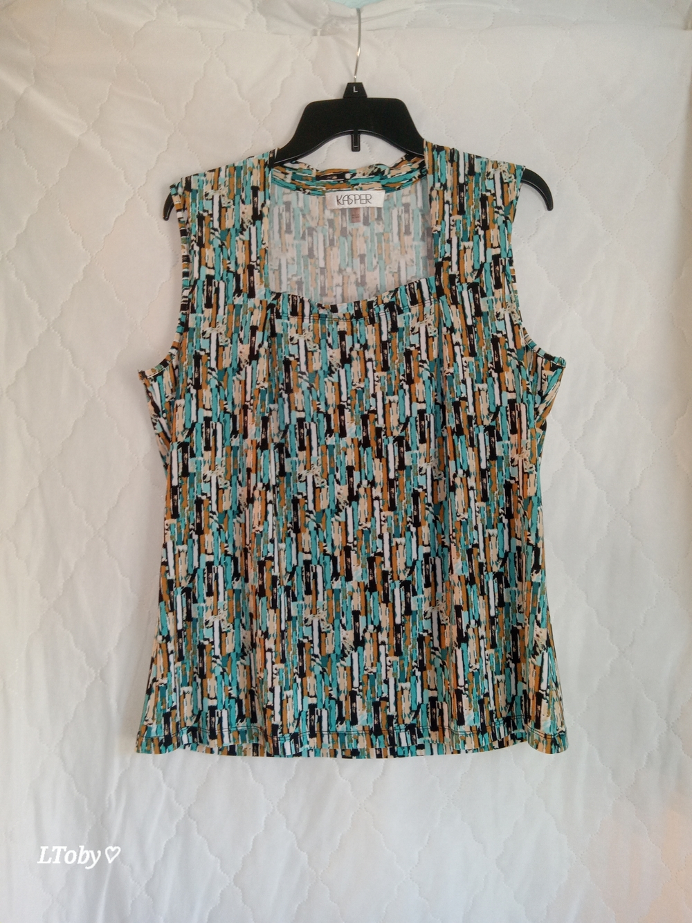 Kasper Teal Black and Tan Printed Scoop Neck Tank